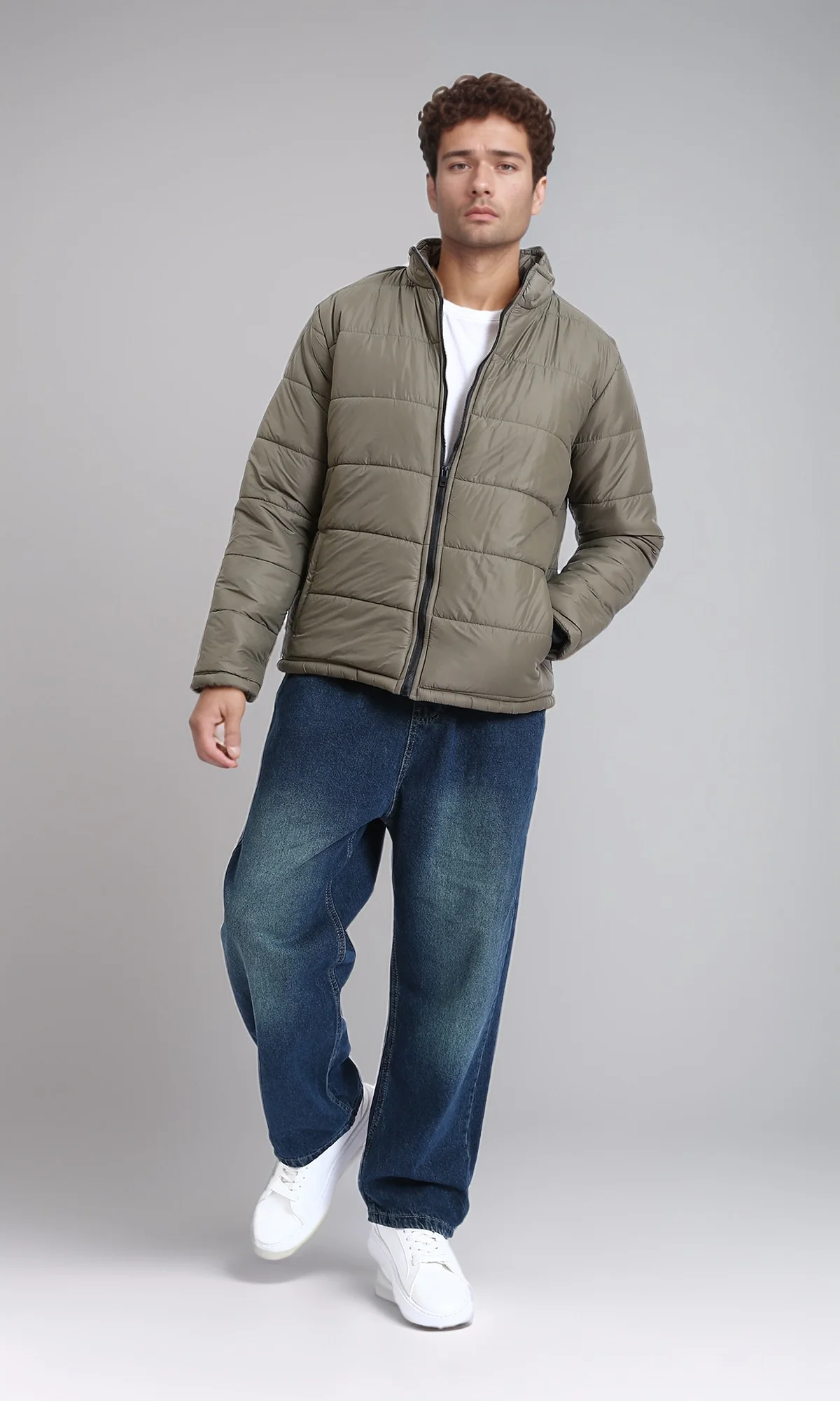 R211351 - Stand Collar Quilted Bomber Jacket - Light Khaki - Image 4