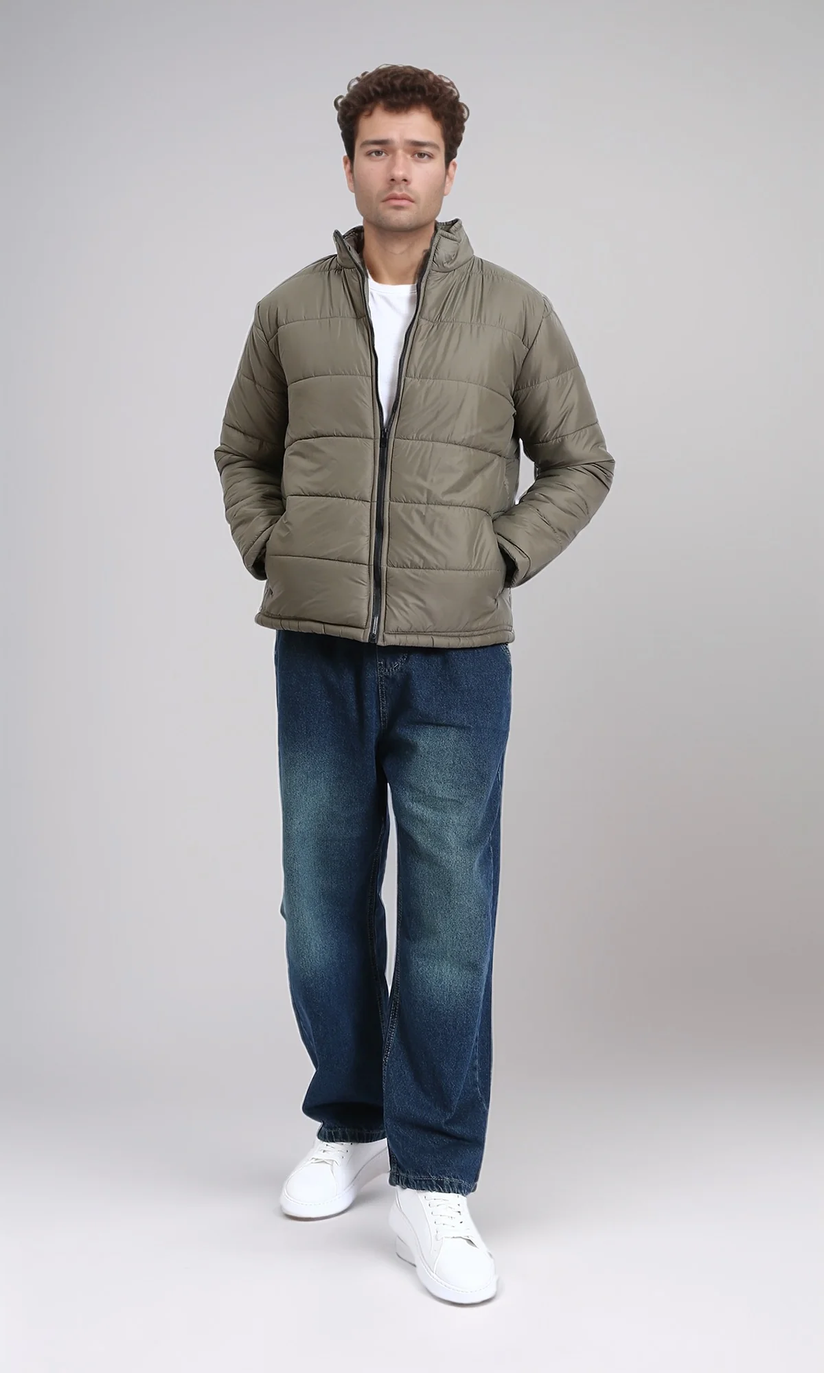 R211351 - Stand Collar Quilted Bomber Jacket - Light Khaki - Image 5