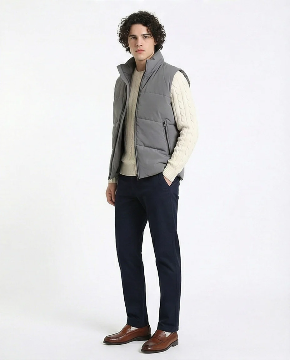 R214180 - Stand Collar Solid Puffer Vest - Medium Grey - Image 4