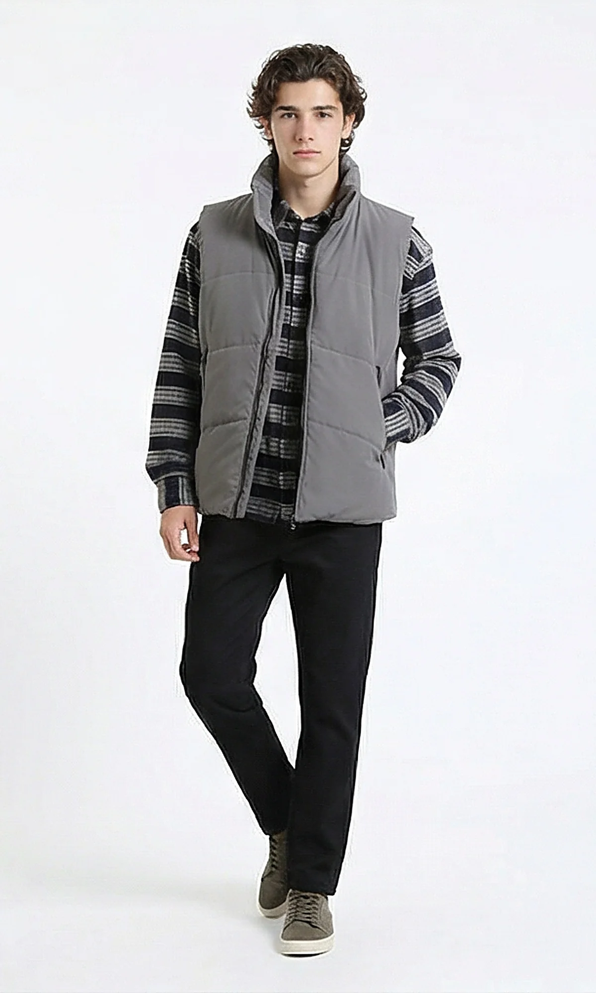 R214180 - Stand Collar Solid Puffer Vest - Medium Grey - Image 6