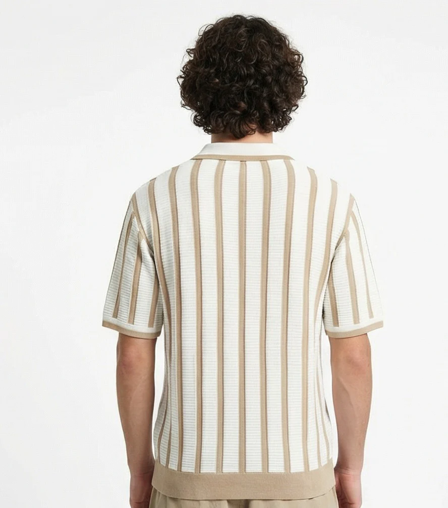 Stone and Cream Vertical Striped Knit Polo - R217279 - Image 2