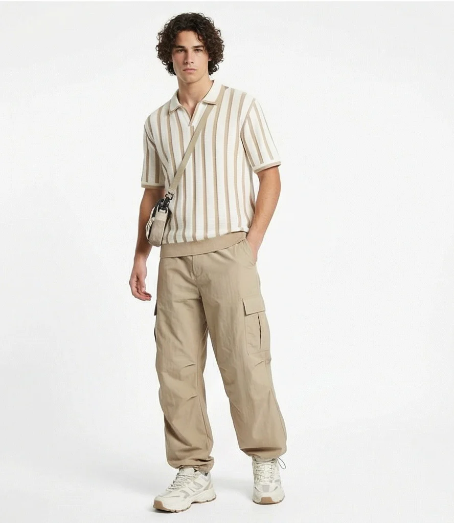 Stone and Cream Vertical Striped Knit Polo - R217279 - Image 3