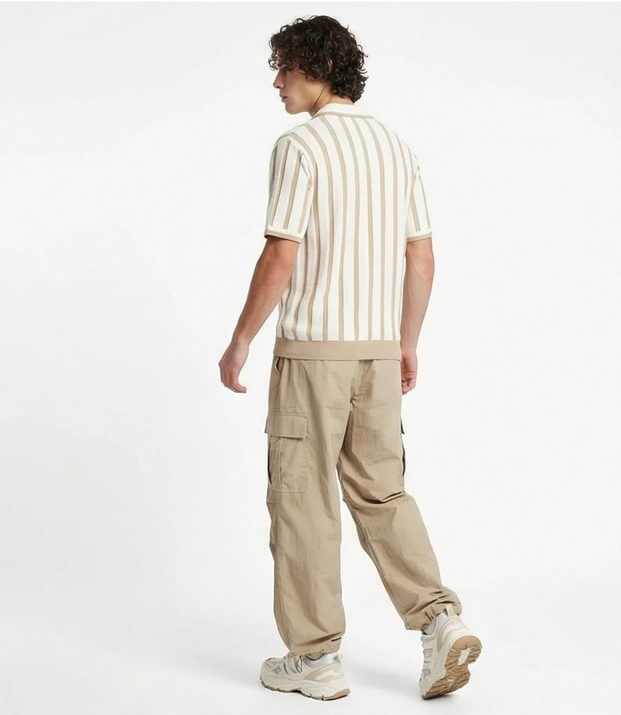 Stone and Cream Vertical Striped Knit Polo - R217279 - Image 4