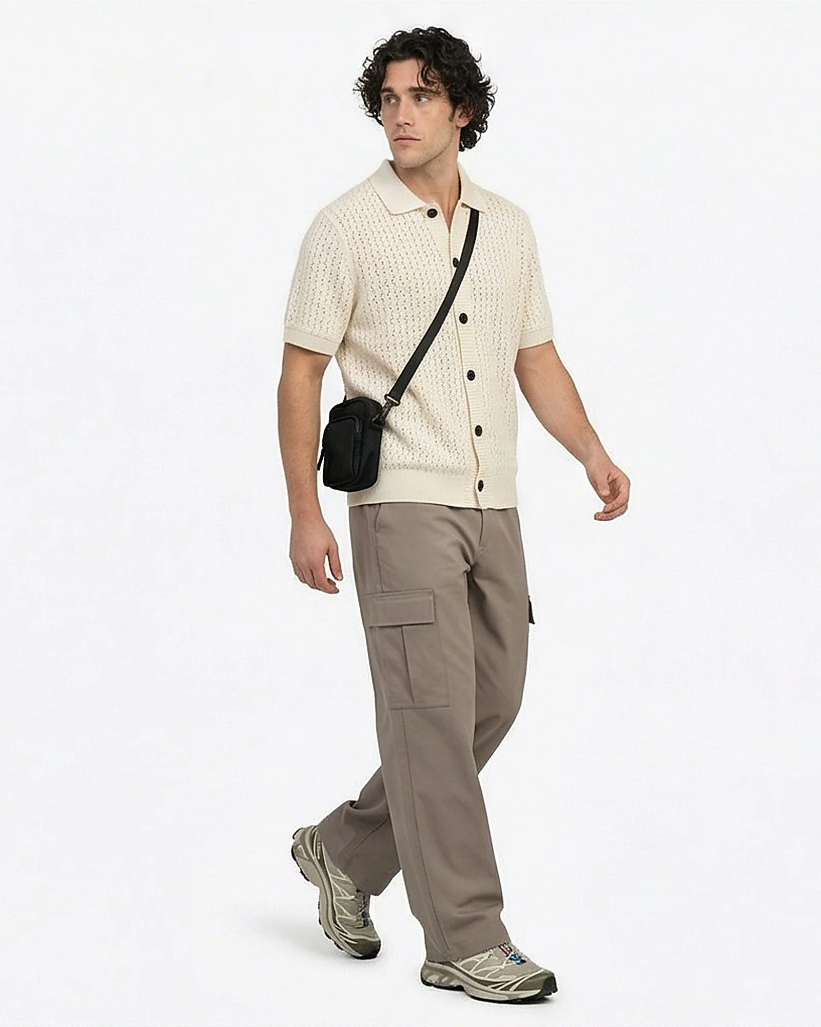 Stone Textured Knit Button-Down Polo Shirt - R217122 - Image 3