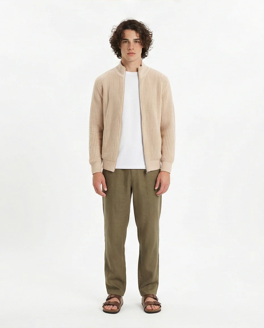 Stone Textured Knit Zip-Up Bomber Sweater - O202259 - Image 3