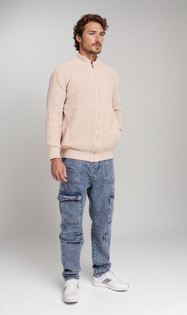 Stone Textured Knit Zip-Up Bomber Sweater - O202259 - Image 5