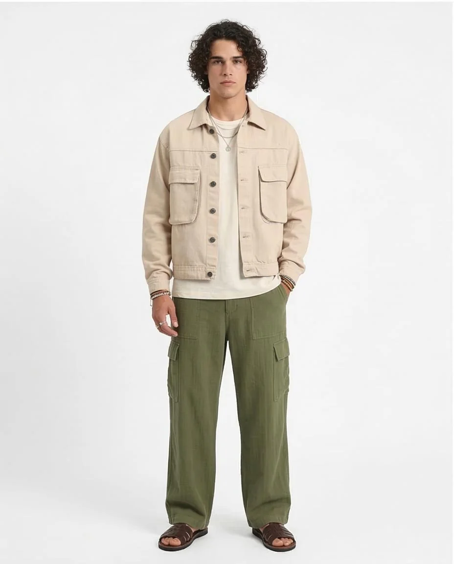 Stone Utility Trucker Jacket with Dual Chest Pockets - R207959 - Image 3