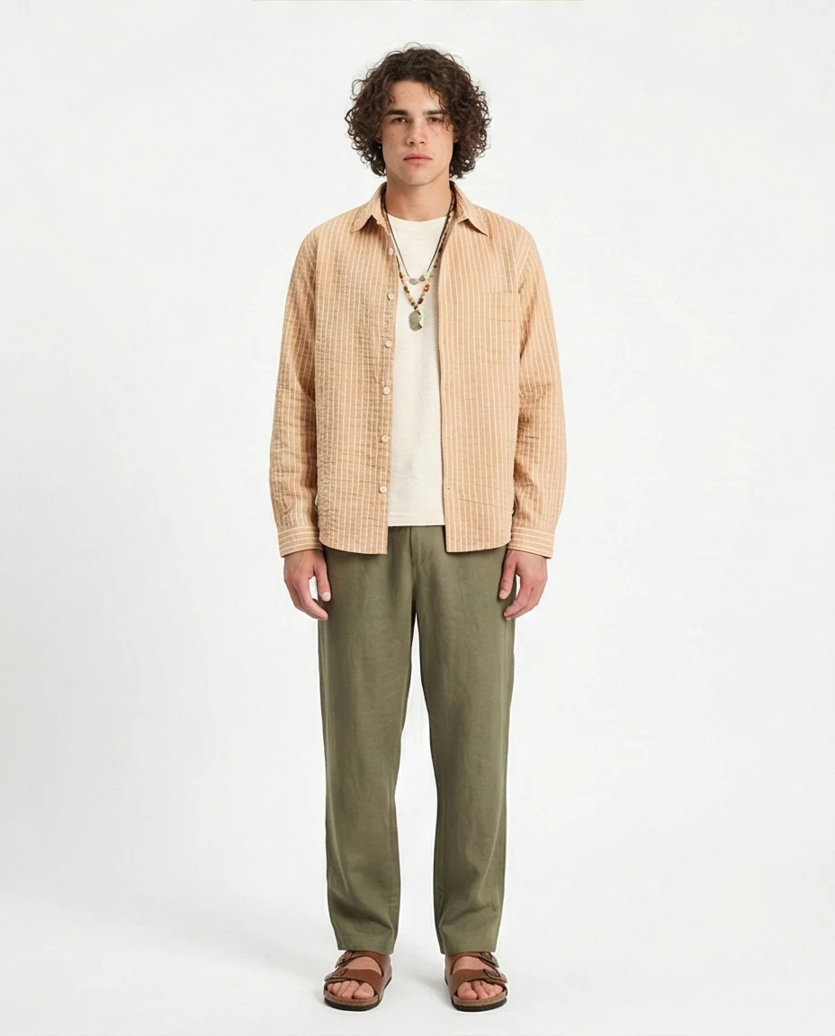 R210539 - Striped Long Sleeves Casual Shirt - Camel & White - Image 4