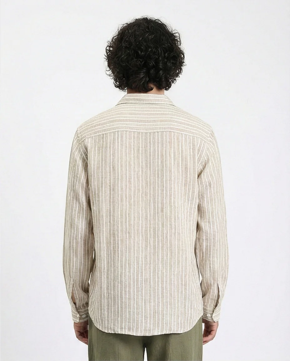 R214221 - Striped Long Sleeves Casual Shirt - Dark Khaki & White - Image 2