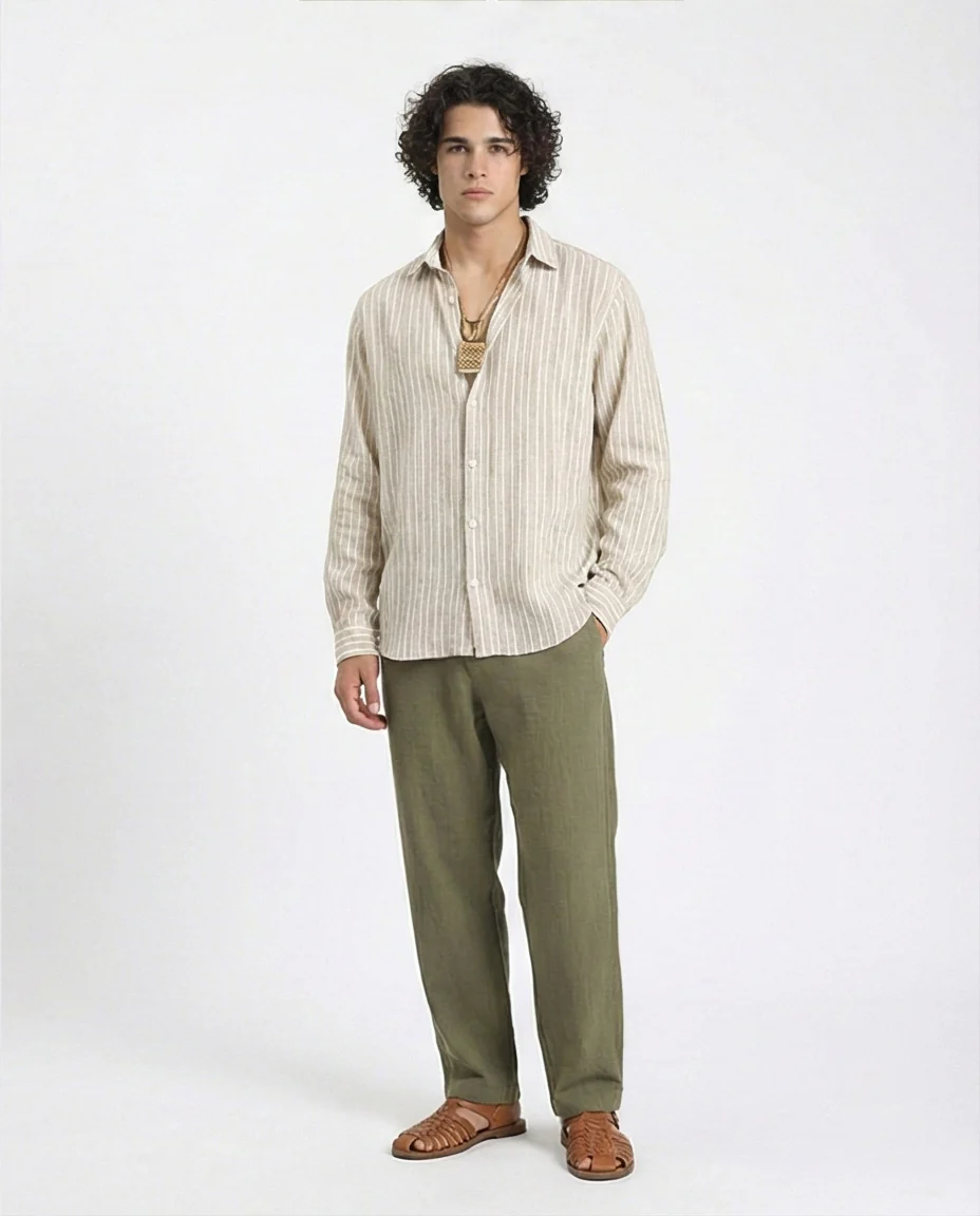 R214221 - Striped Long Sleeves Casual Shirt - Dark Khaki & White - Image 3