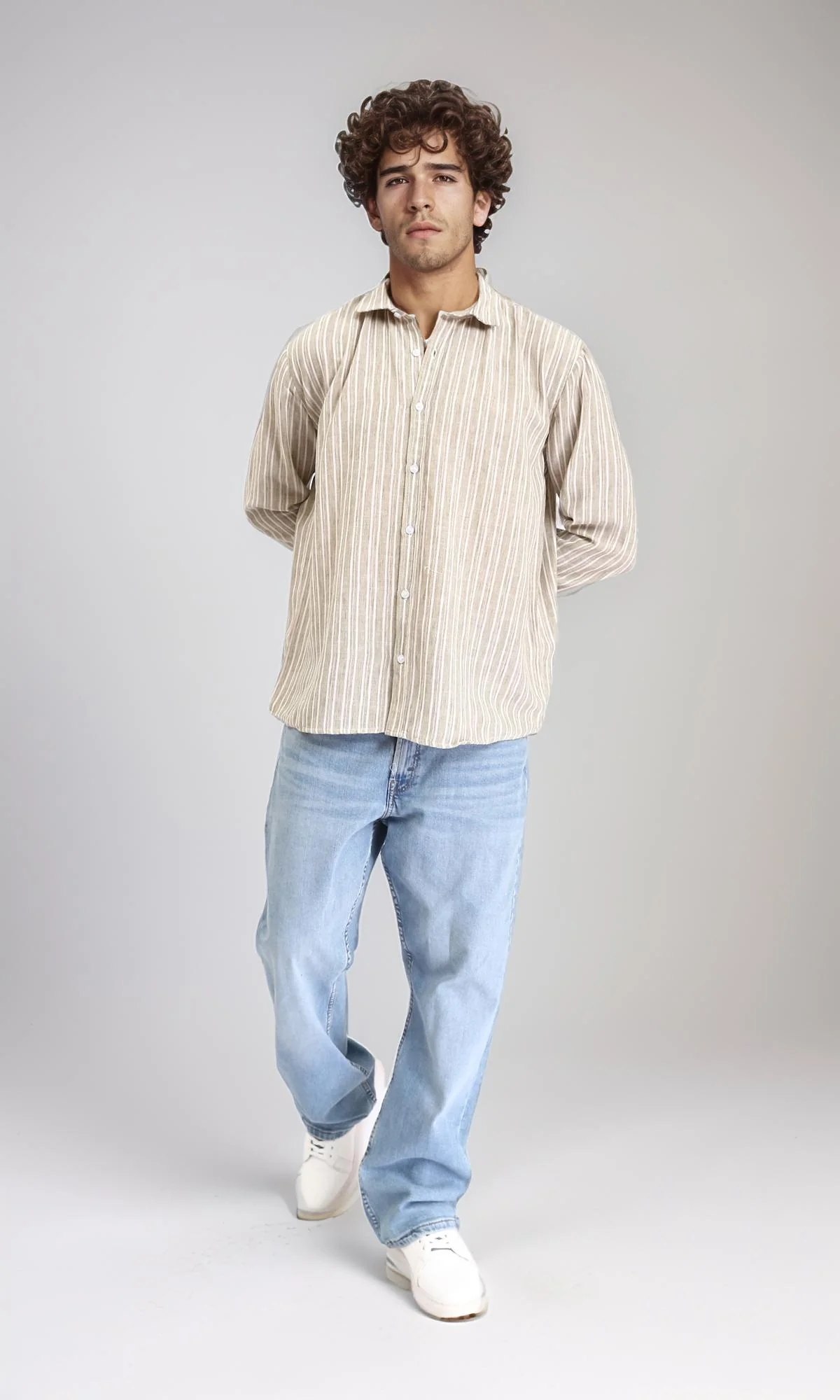 R214221 - Striped Long Sleeves Casual Shirt - Dark Khaki & White - Image 5