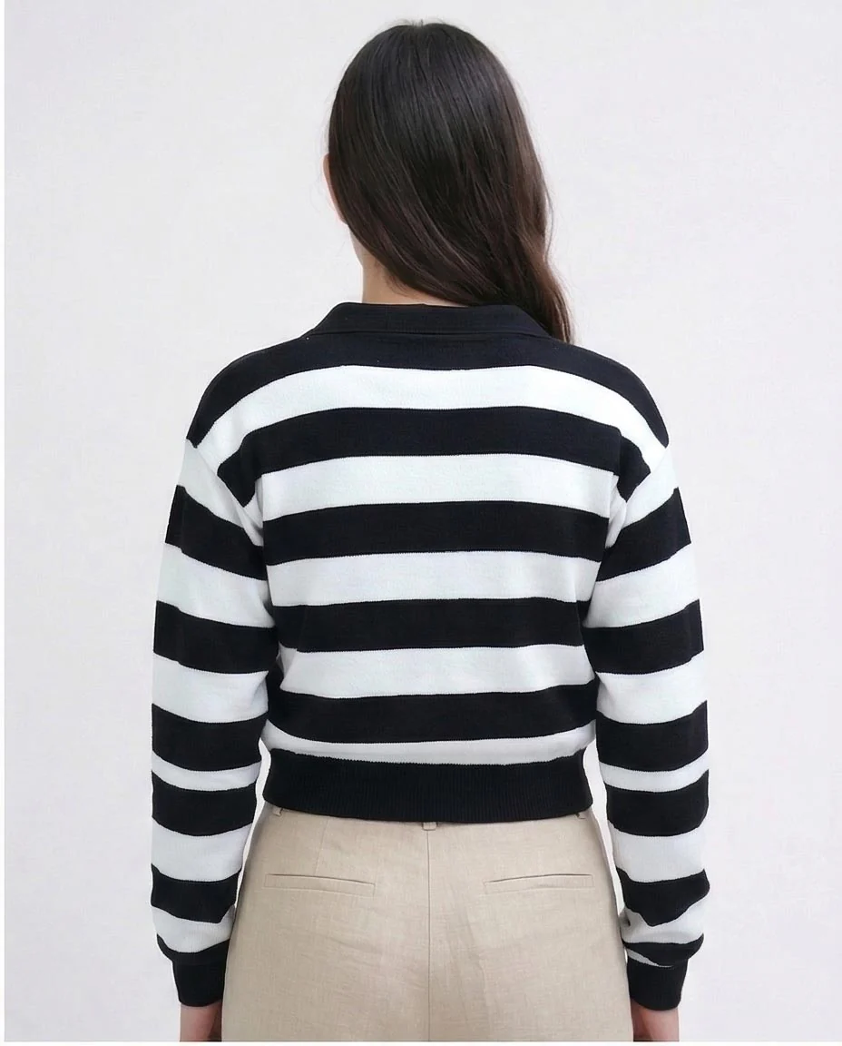 Striped Polo Collar Long Sleeve Pullover - 0198698 - Image 2