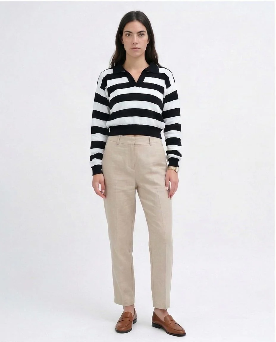 Striped Polo Collar Long Sleeve Pullover - 0198698 - Image 4