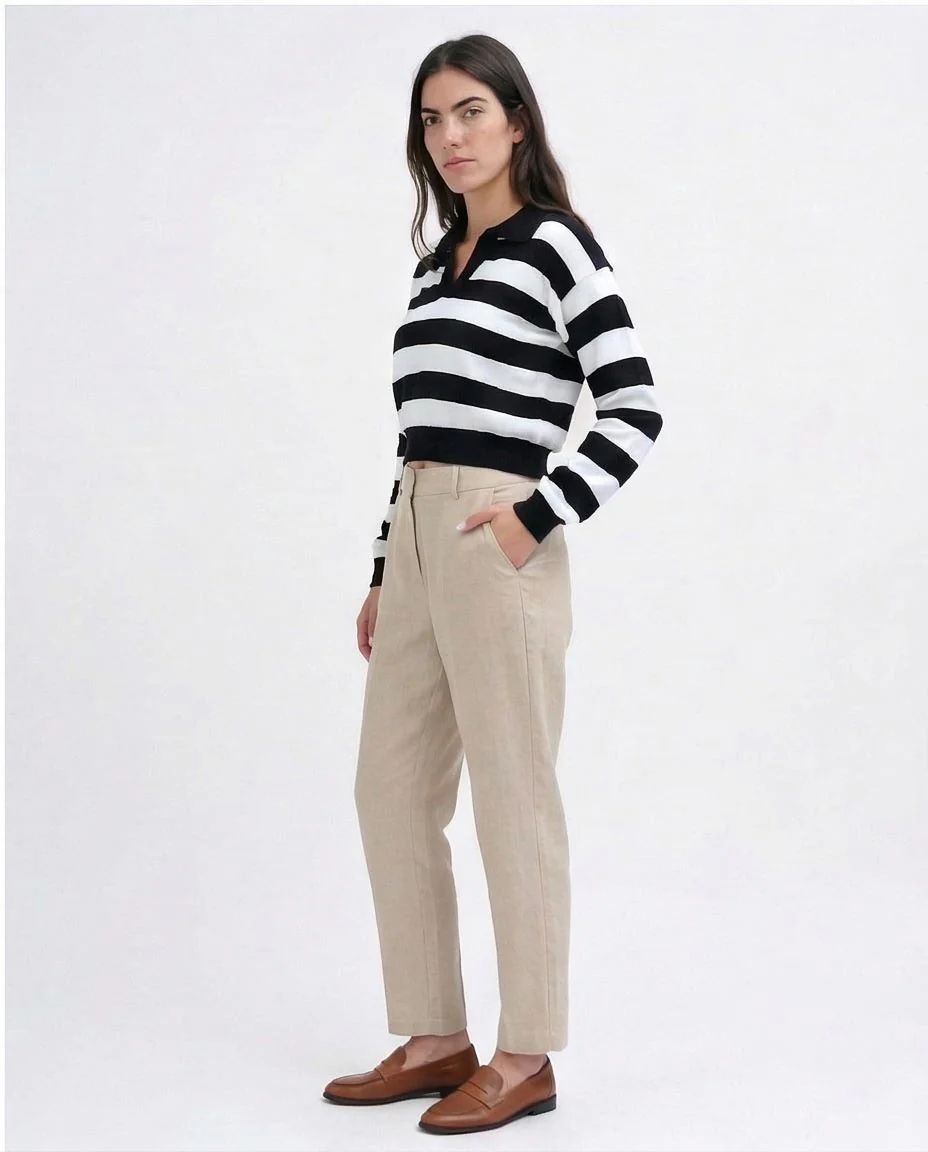 Striped Polo Collar Long Sleeve Pullover - 0198698 - Image 5
