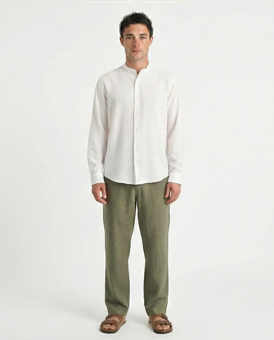 O203311 - Summer Textured Shirt with Mandarin Collar - Off-White - Image 3