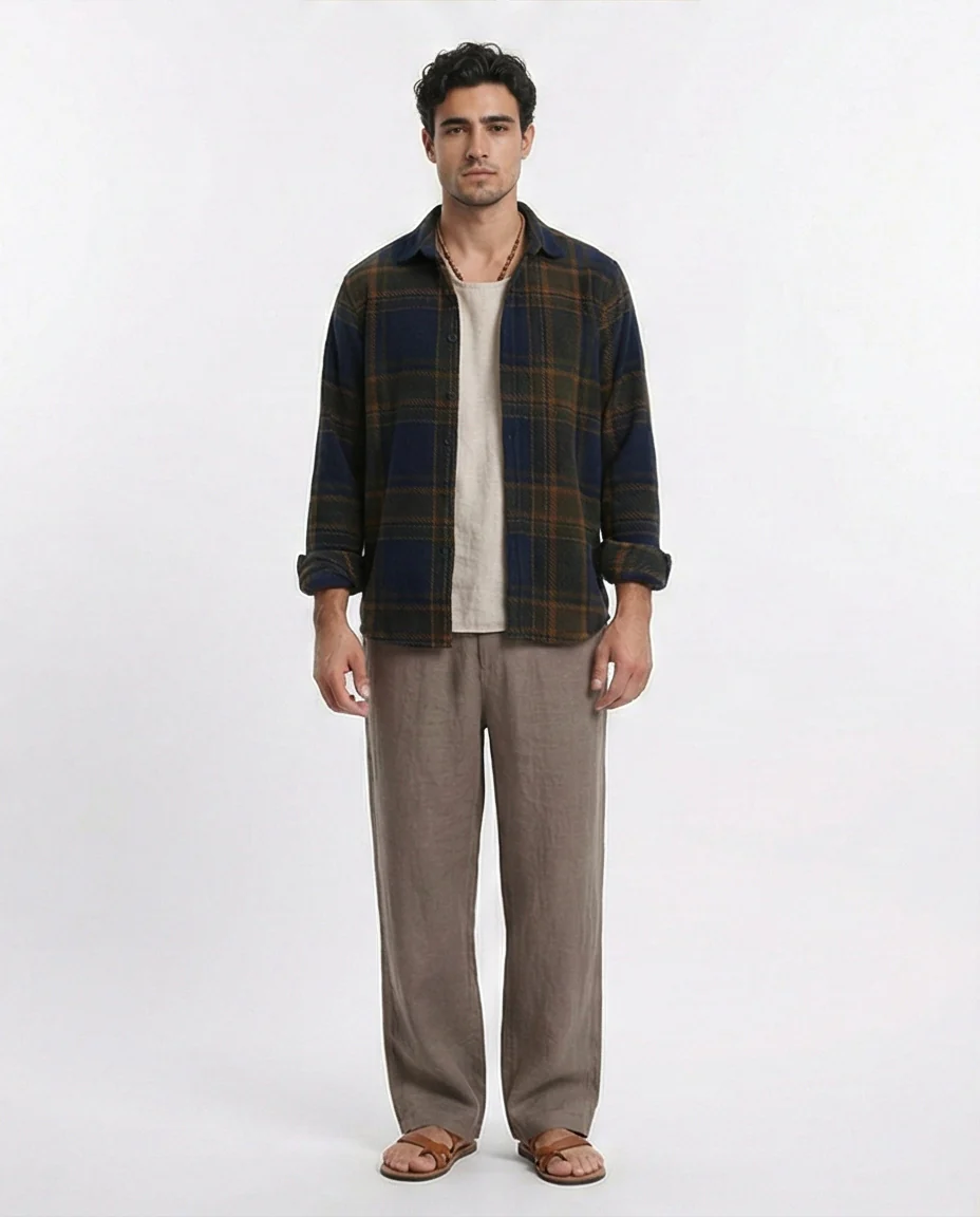 R208153 - Tartan Shirt with Classic Collar - Navy Blue & Camel - Image 3
