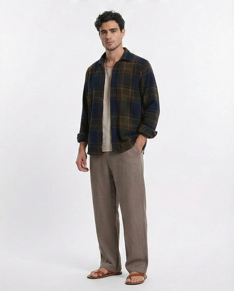 R208153 - Tartan Shirt with Classic Collar - Navy Blue & Camel - Image 4