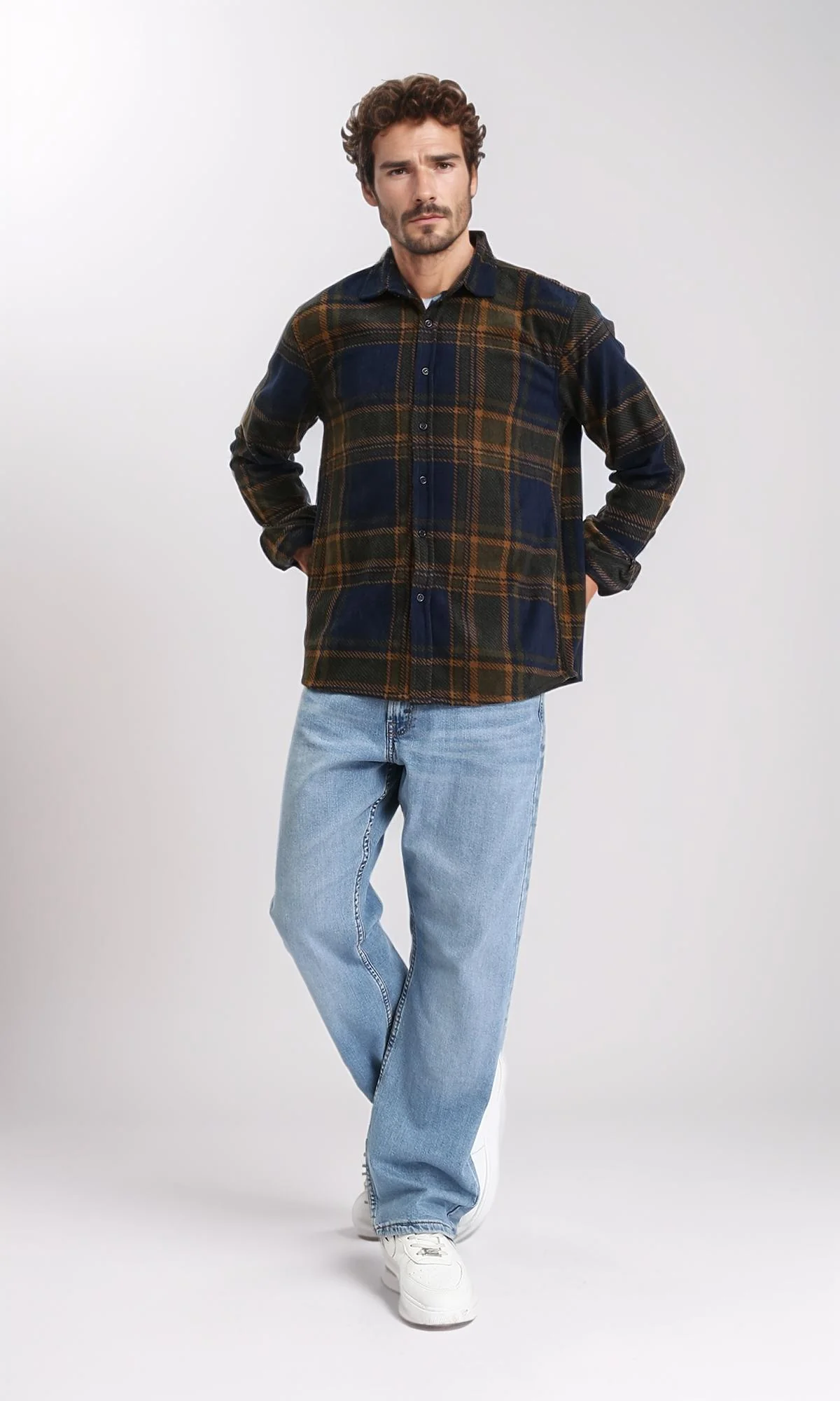 R208153 - Tartan Shirt with Classic Collar - Navy Blue & Camel - Image 5