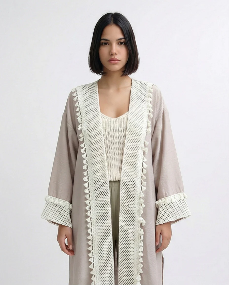 Taupe Crochet-Trimmed Longline Summer Cardigan - O198047 - Image 3
