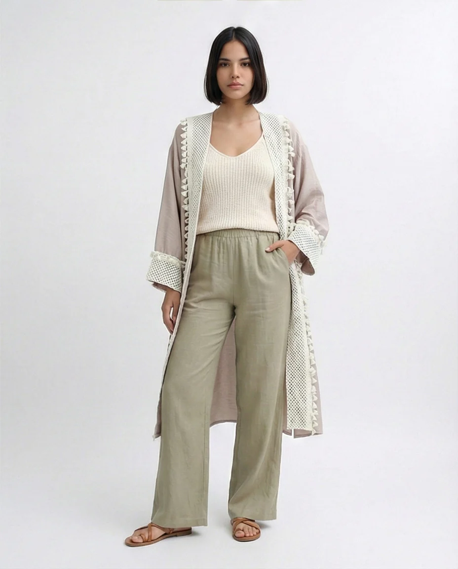 Taupe Crochet-Trimmed Longline Summer Cardigan - O198047 - Image 5