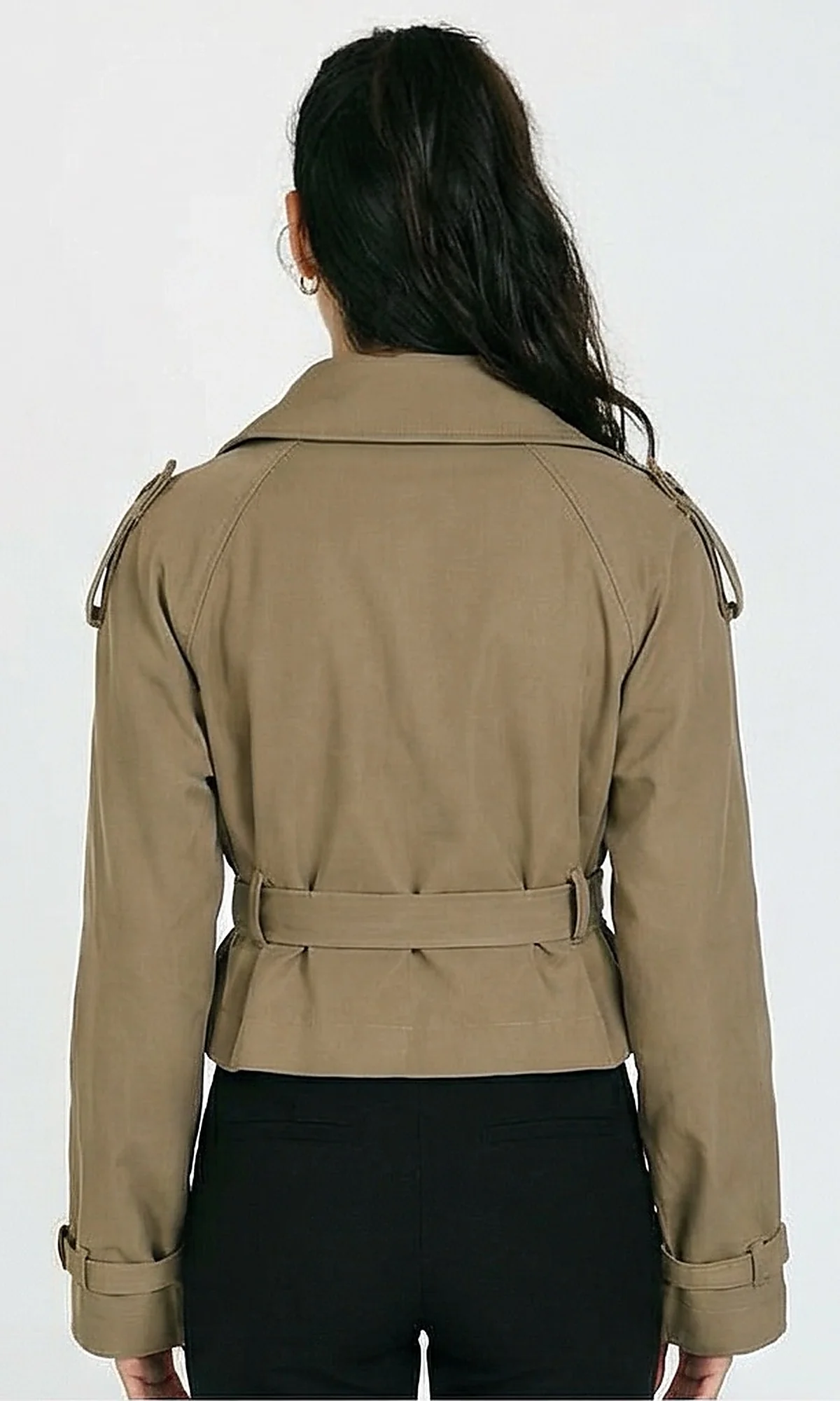 Taupe Cropped Belted Trench Jacket - Image 2