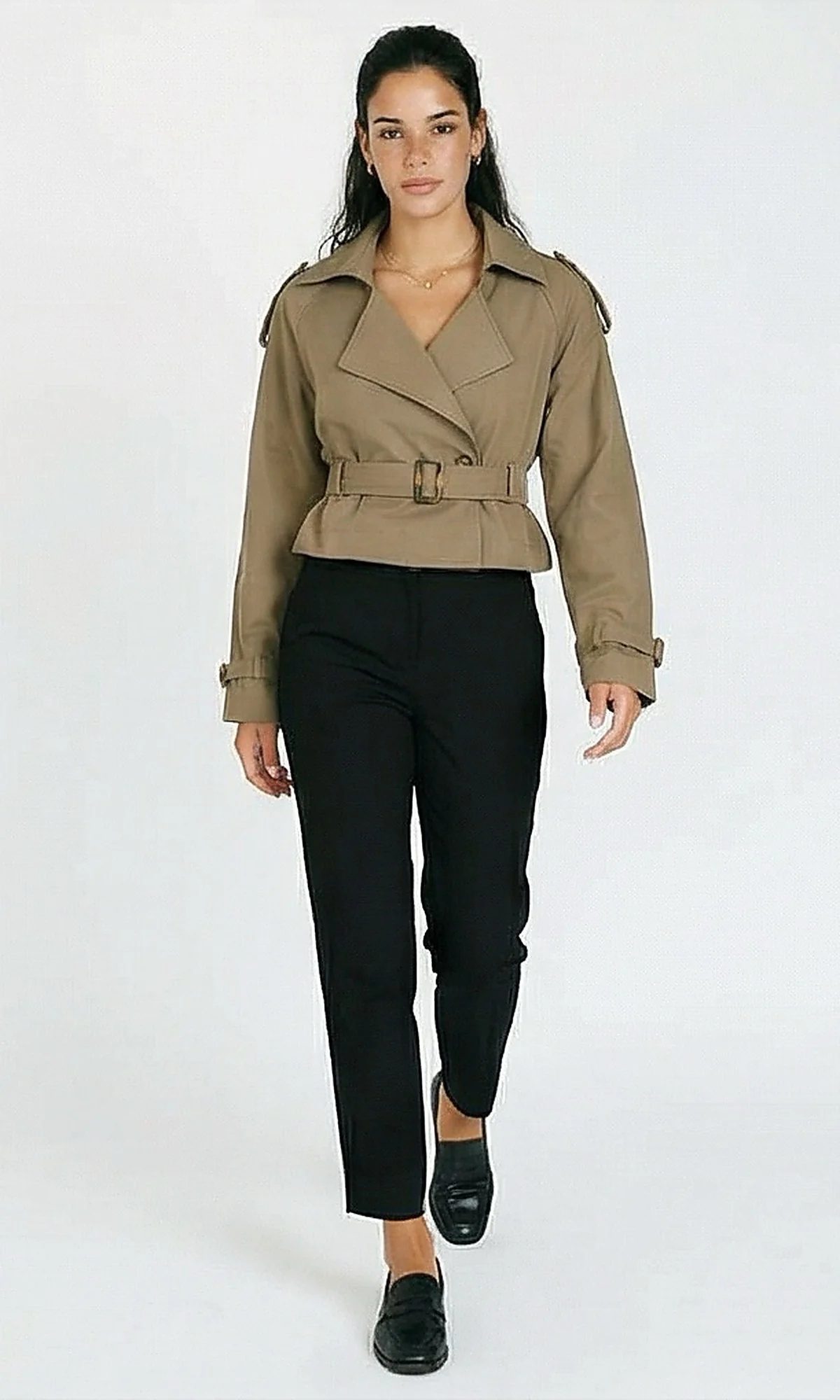 Taupe Cropped Belted Trench Jacket - Image 3