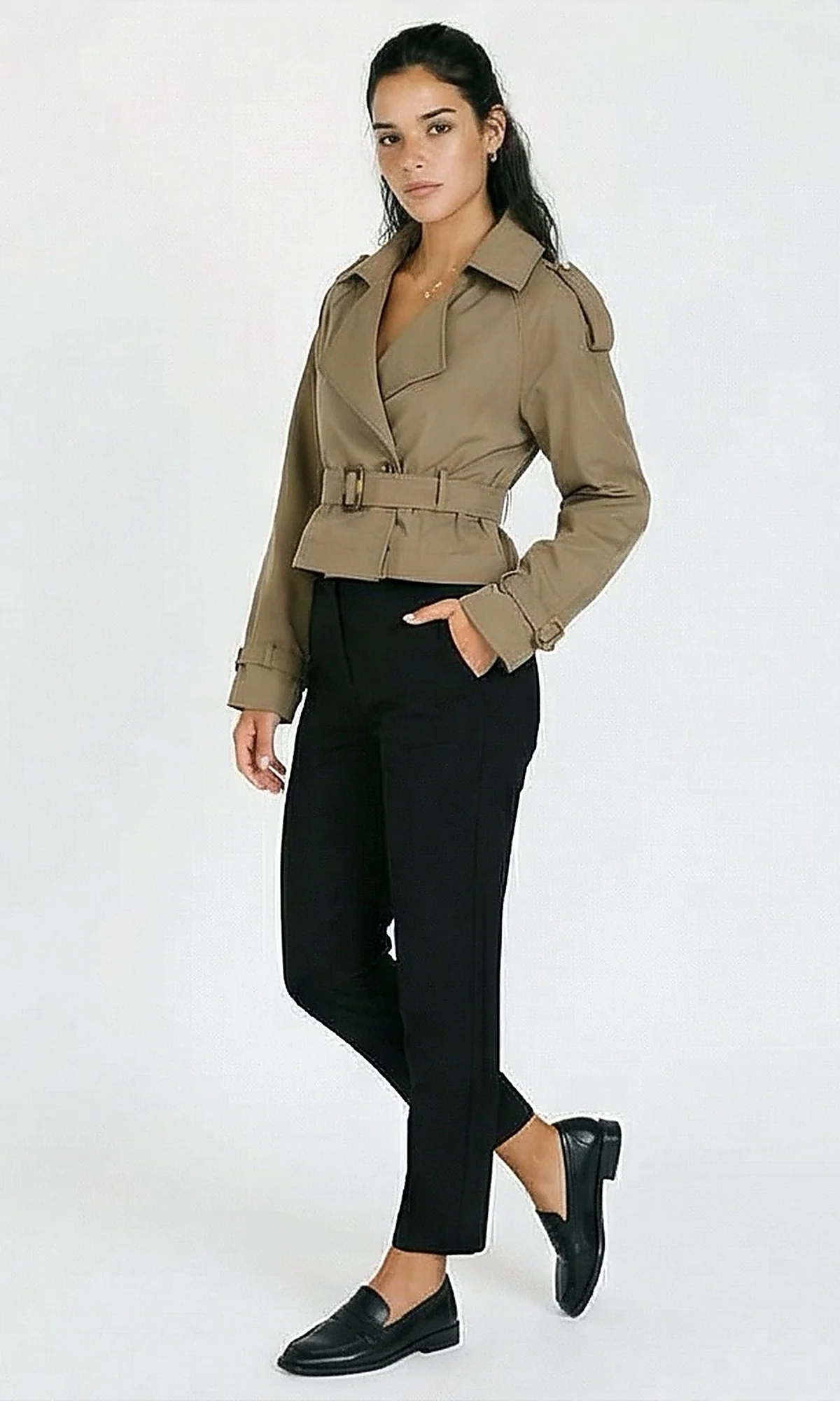 Taupe Cropped Belted Trench Jacket - Image 4
