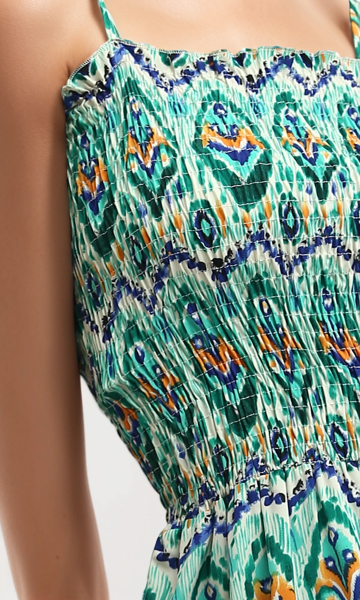 Teal Ikat Print Smocked Tiered Maxi Dress - O192255 - Image 3