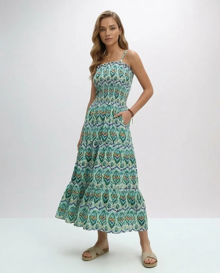 Teal Ikat Print Smocked Tiered Maxi Dress - O192255 - Image 4