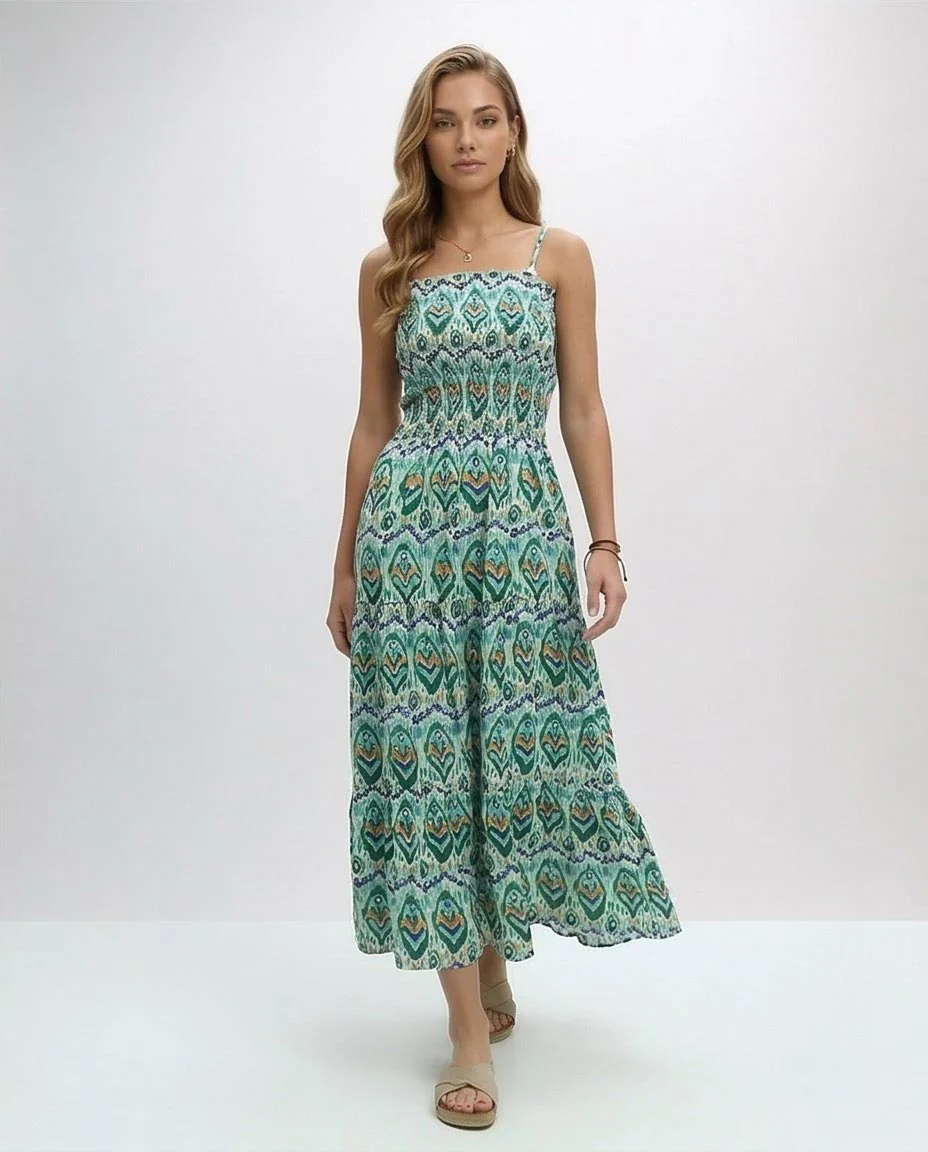 Teal Ikat Print Smocked Tiered Maxi Dress - O192255 - Image 5