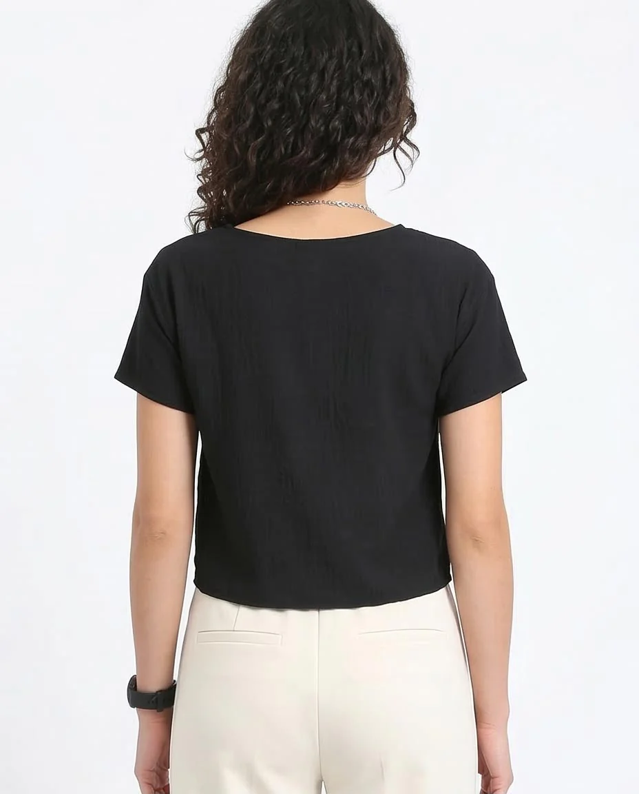 Ravin Textured Boat Neck Boxy Crop Top – Black - R208495 - Image 2