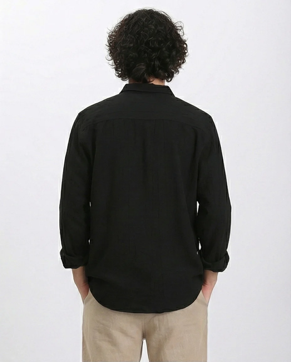 R210820 - Textured Long Sleeves Comfy Shirt - Black - Image 2