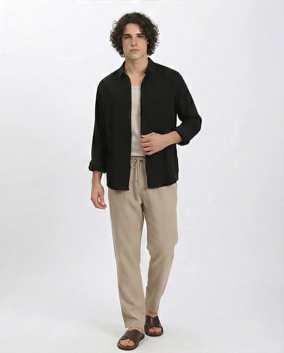 R210820 - Textured Long Sleeves Comfy Shirt - Black - Image 5