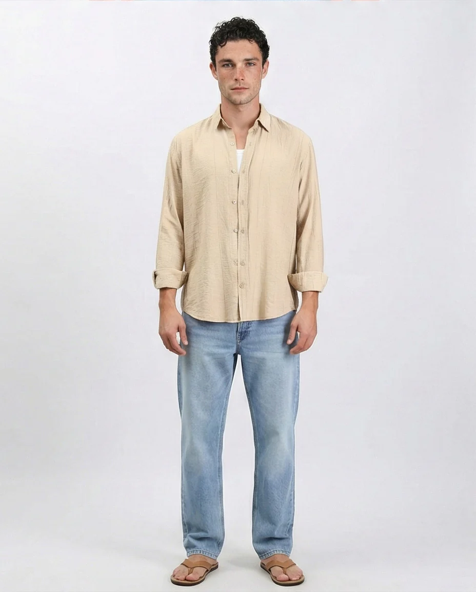 R210823 - Textured Long Sleeves Comfy Shirt - Dark Beige - Image 3