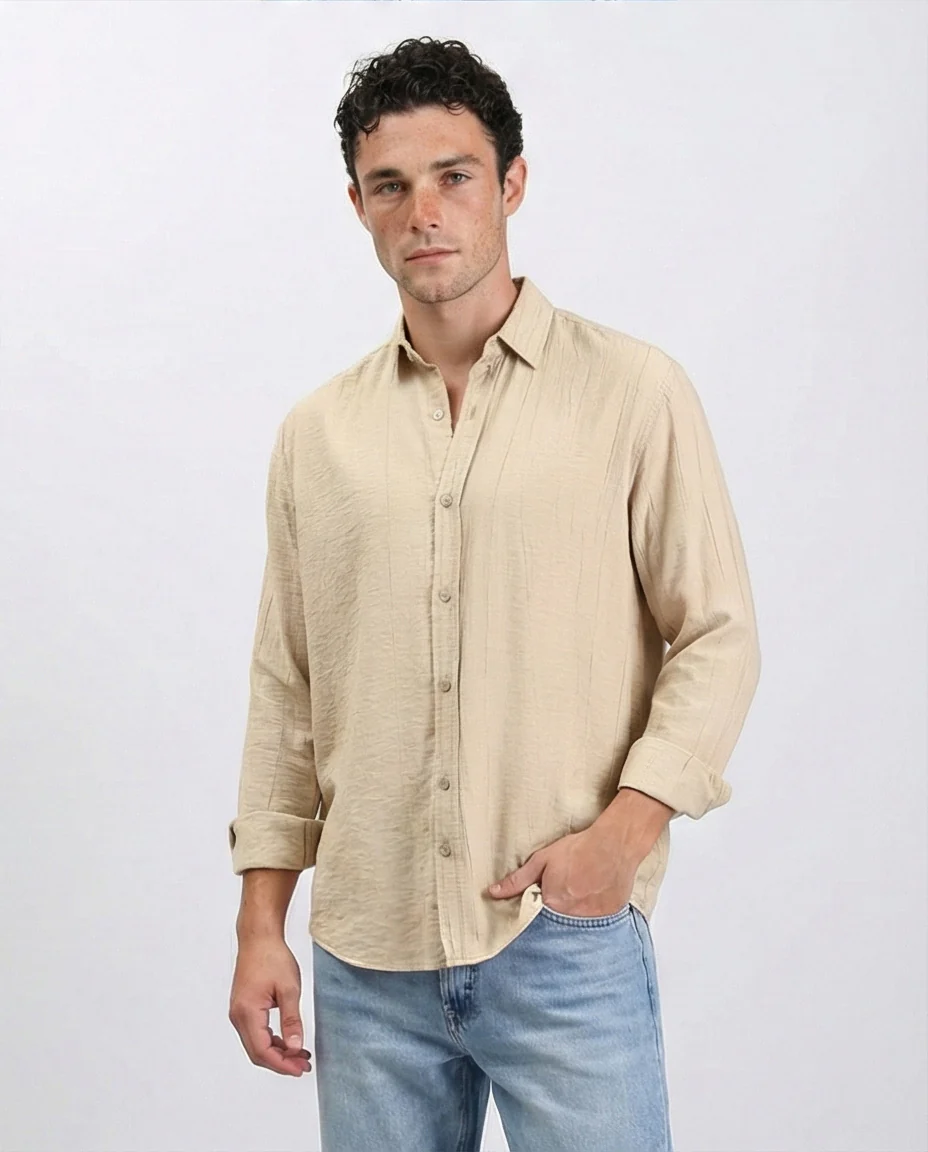 R210823 - Textured Long Sleeves Comfy Shirt - Dark Beige - Image 4