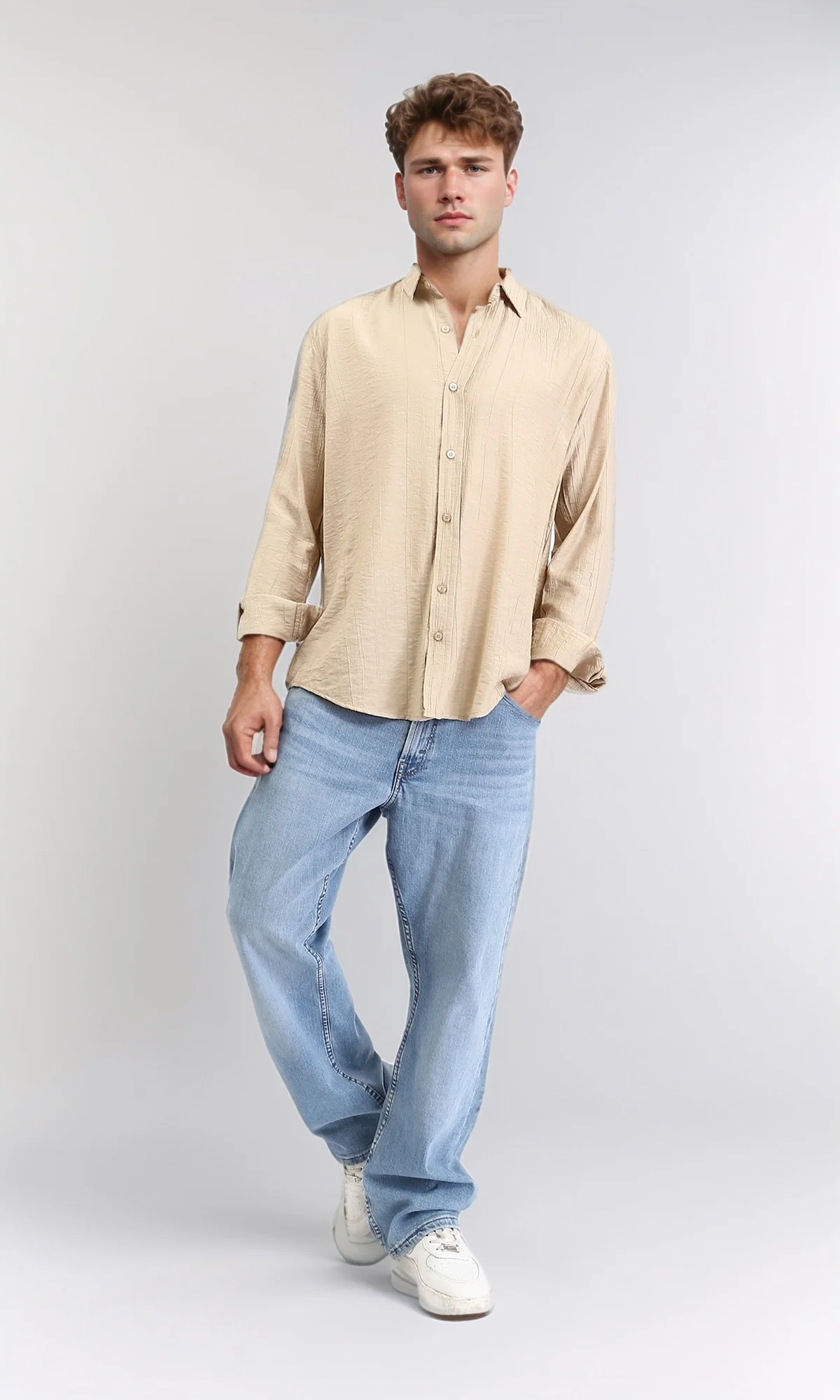 R210823 - Textured Long Sleeves Comfy Shirt - Dark Beige - Image 5