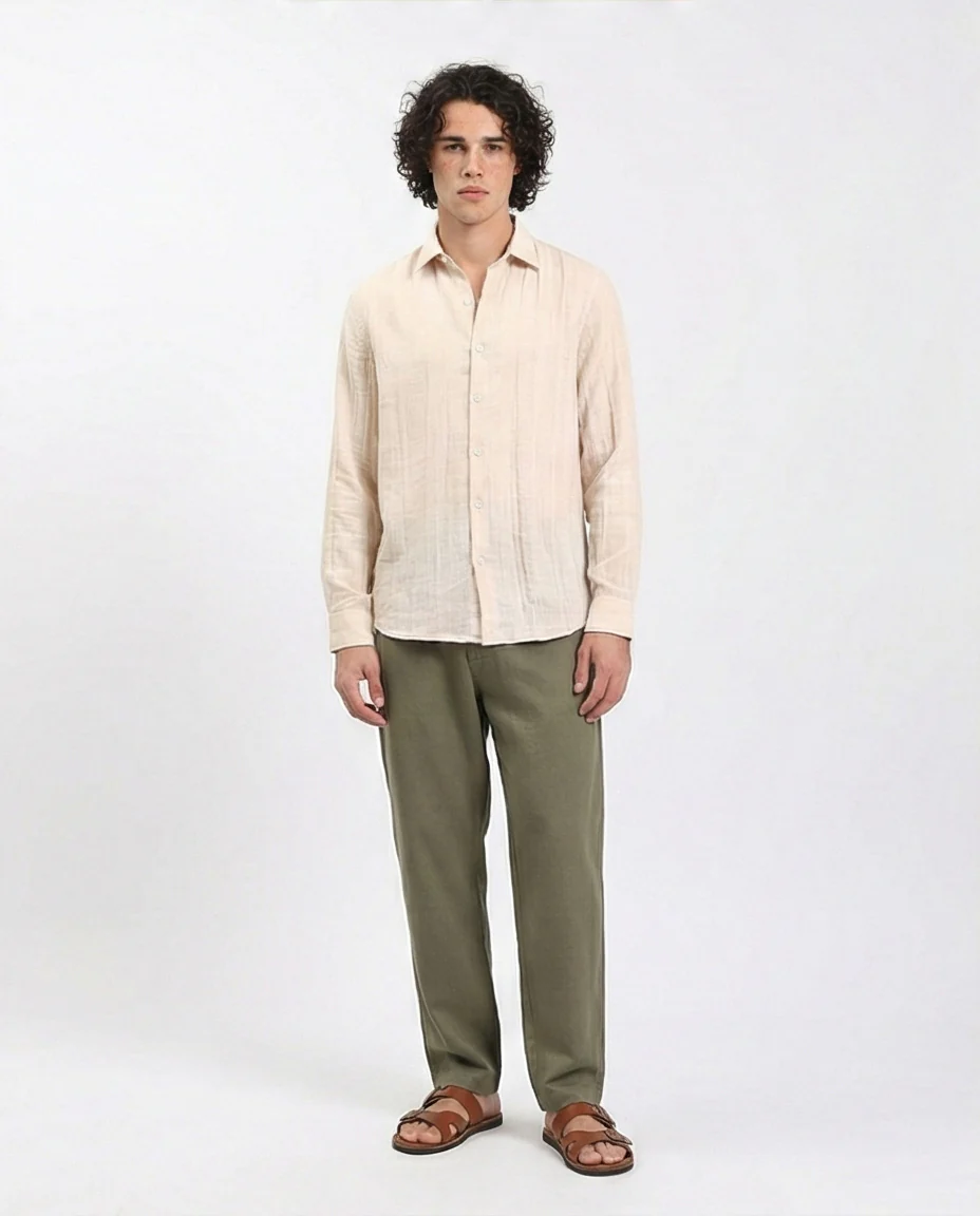 R207939 - Textured Long Sleeves Comfy Shirt - Dark Beige - Image 3