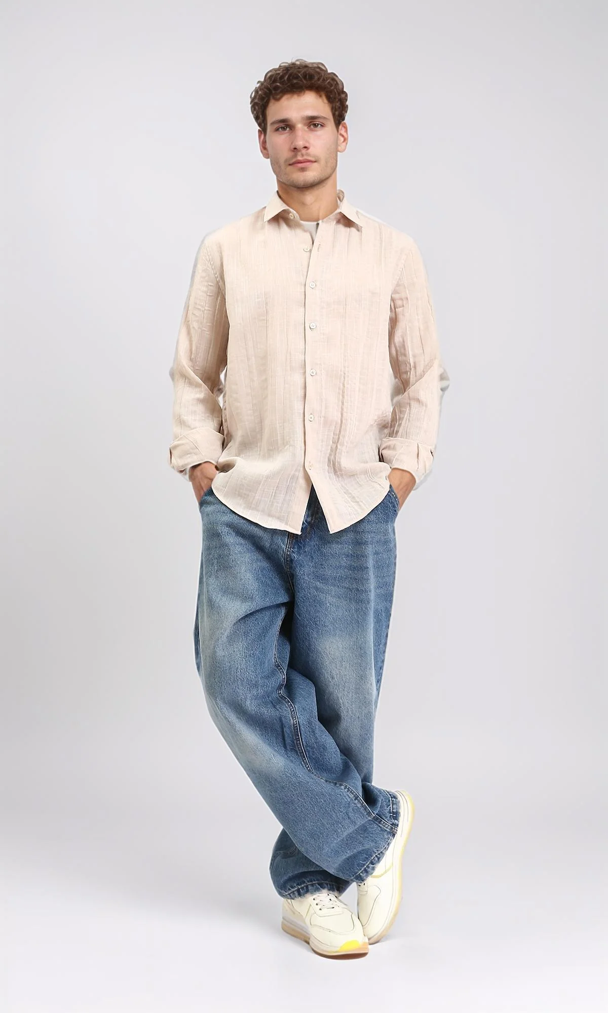 R207939 - Textured Long Sleeves Comfy Shirt - Dark Beige - Image 5