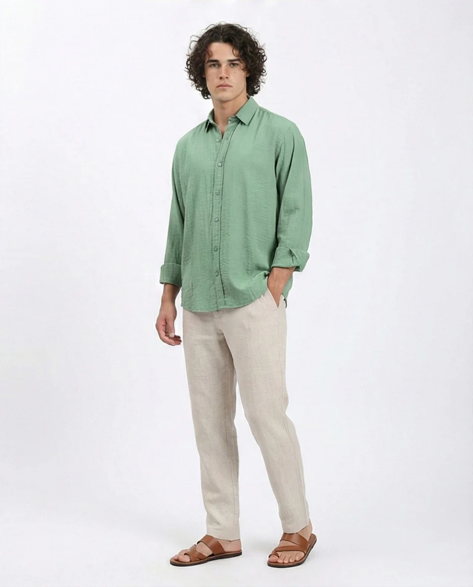 R210821 - Textured Long Sleeves Comfy Shirt - Green - Image 5