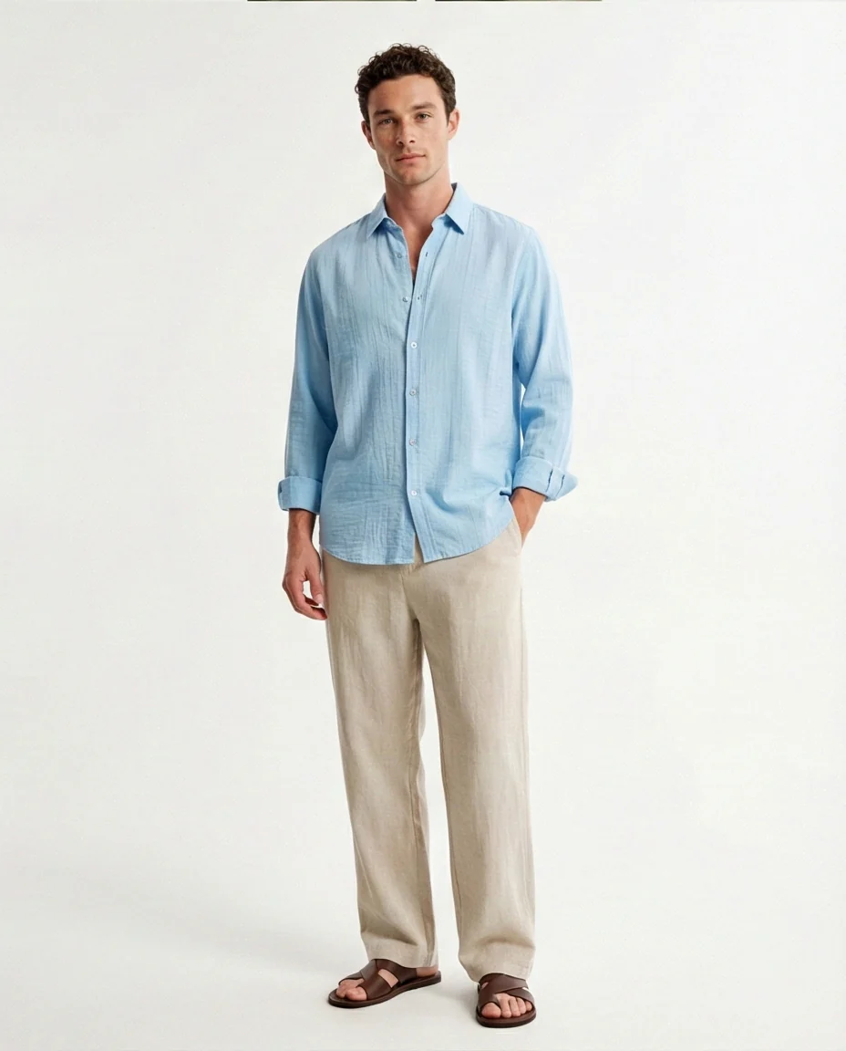 R210822 - Textured Long Sleeves Comfy Shirt - Sky Blue - Image 5