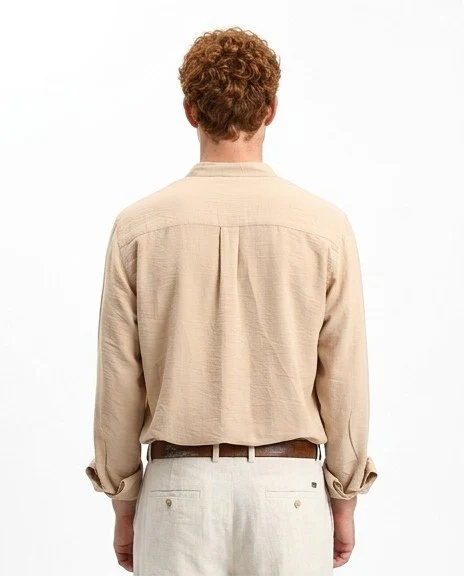 O203313 - Textured Mandarin Collar Summer Shirt - Dark Beige - Image 2