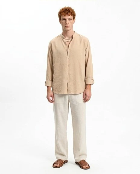 O203313 - Textured Mandarin Collar Summer Shirt - Dark Beige - Image 3