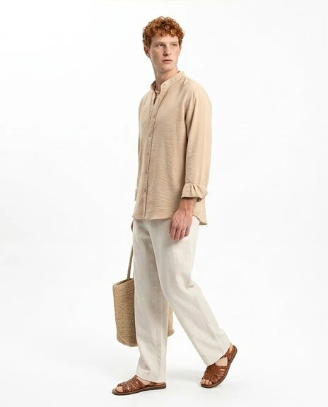 O203313 - Textured Mandarin Collar Summer Shirt - Dark Beige - Image 4