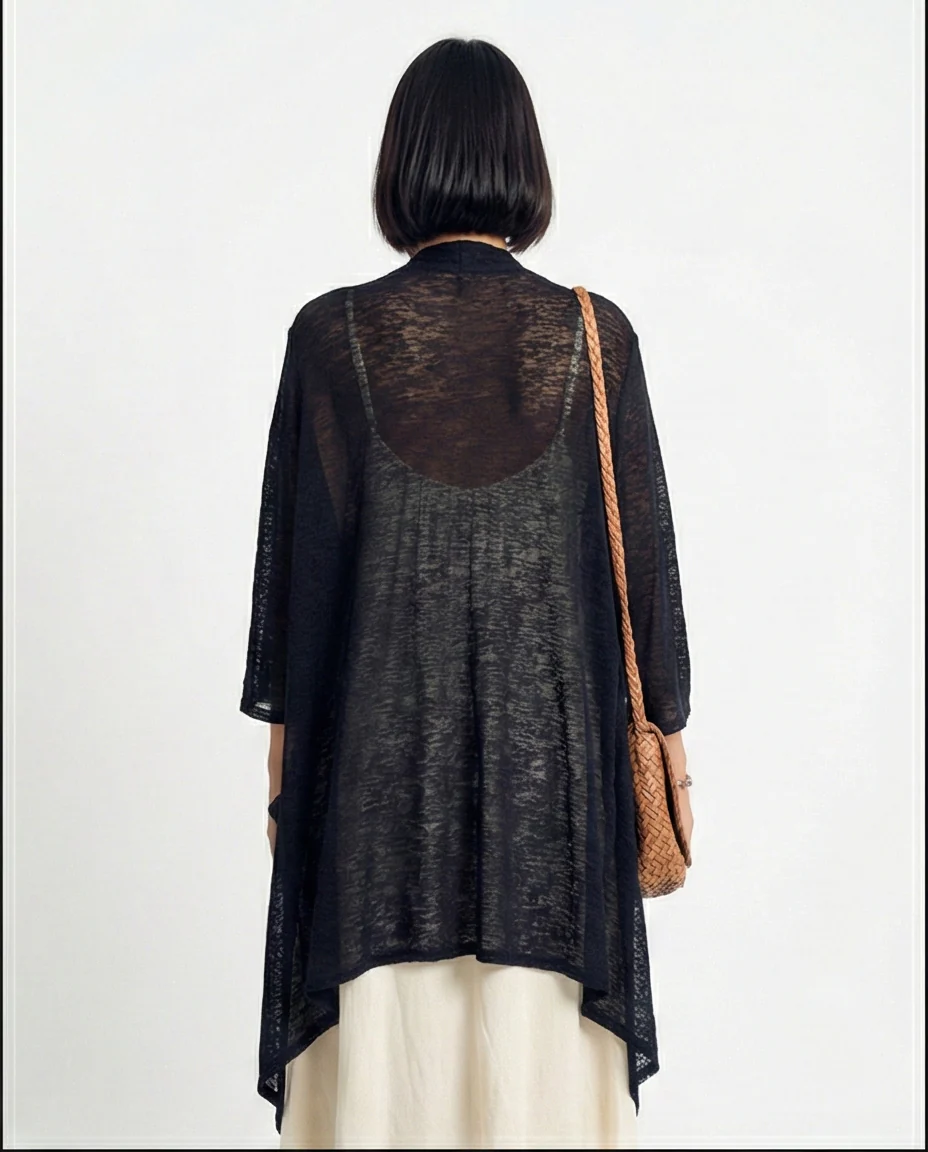 R213605 - Textured Sheer Slip On Cardigan - Black - Image 2