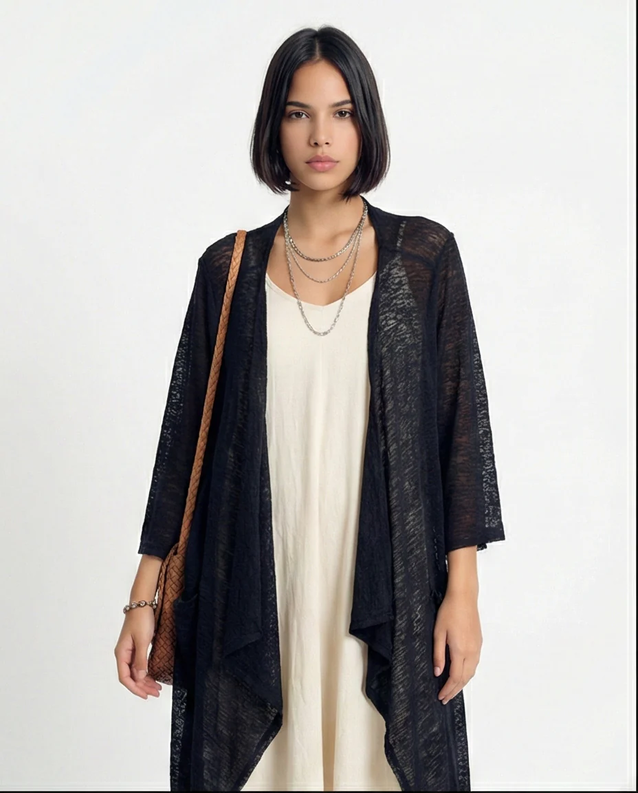 R213605 - Textured Sheer Slip On Cardigan - Black - Image 3