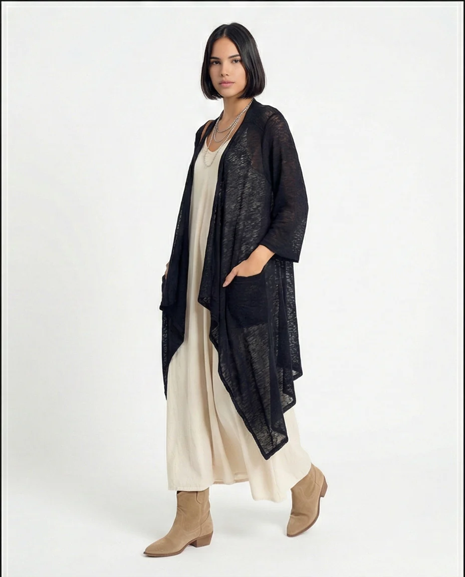 R213605 - Textured Sheer Slip On Cardigan - Black - Image 5