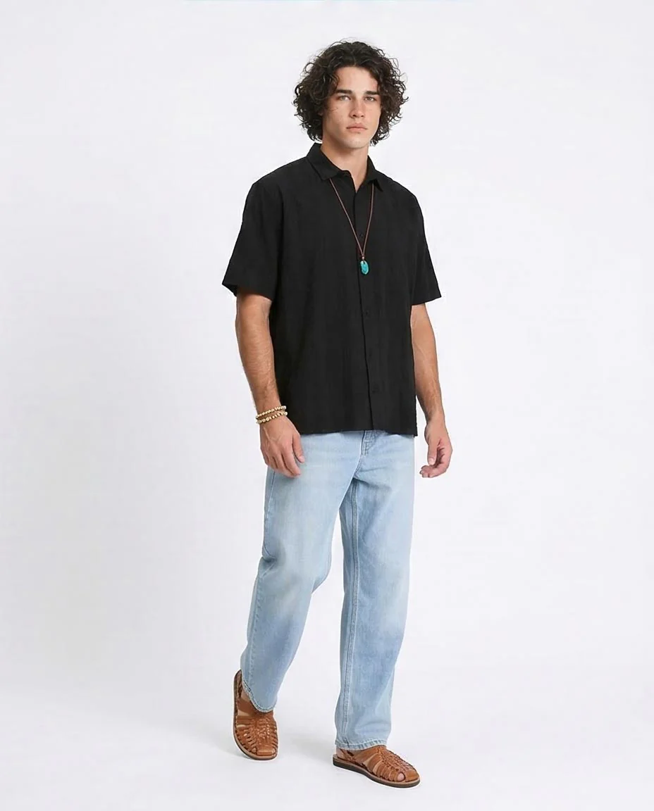 Ravin | Textured Stripe Relaxed Fit Short Sleeve Shirt - Black - R210825 - Image 3