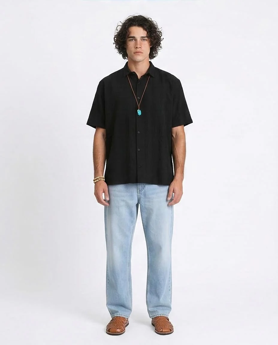 Ravin | Textured Stripe Relaxed Fit Short Sleeve Shirt - Black - R210825 - Image 5