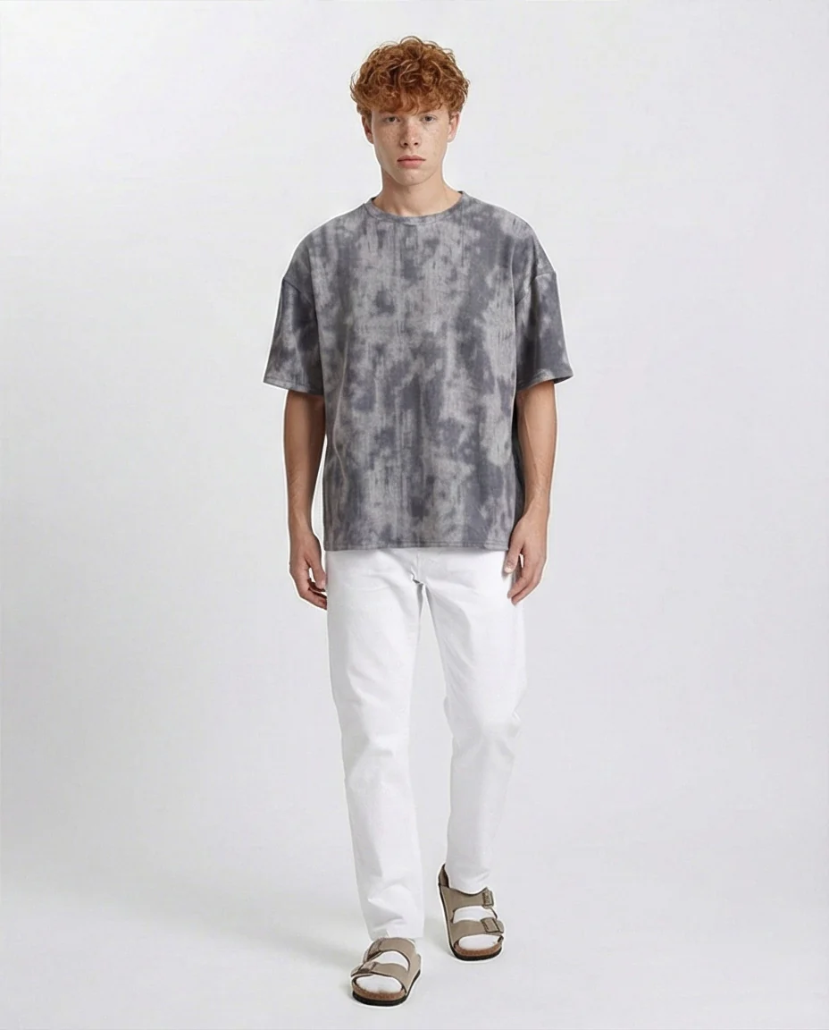 R208963 - Tie Dye Casual Cotton Tee - Grey - Image 3