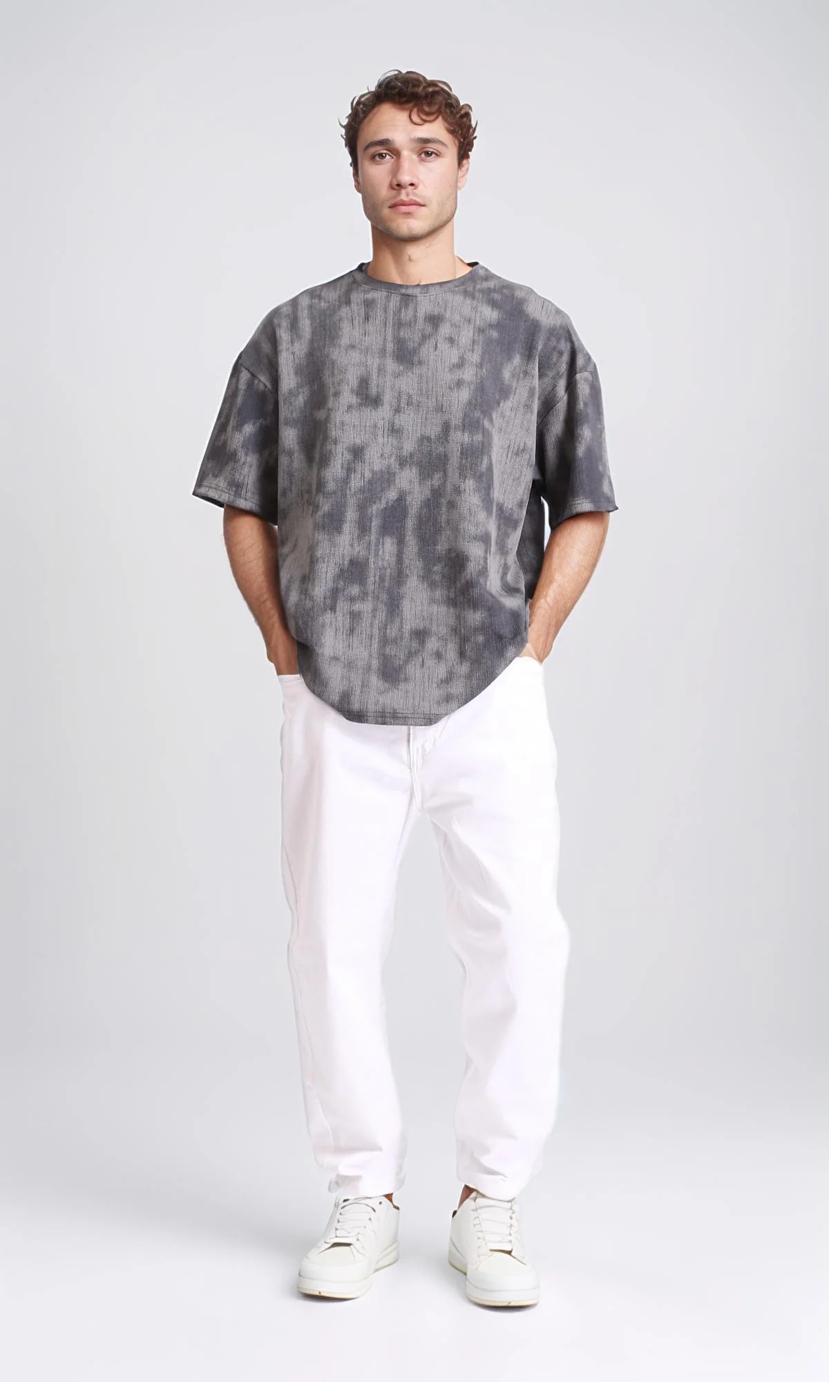 R208963 - Tie Dye Casual Cotton Tee - Grey - Image 5